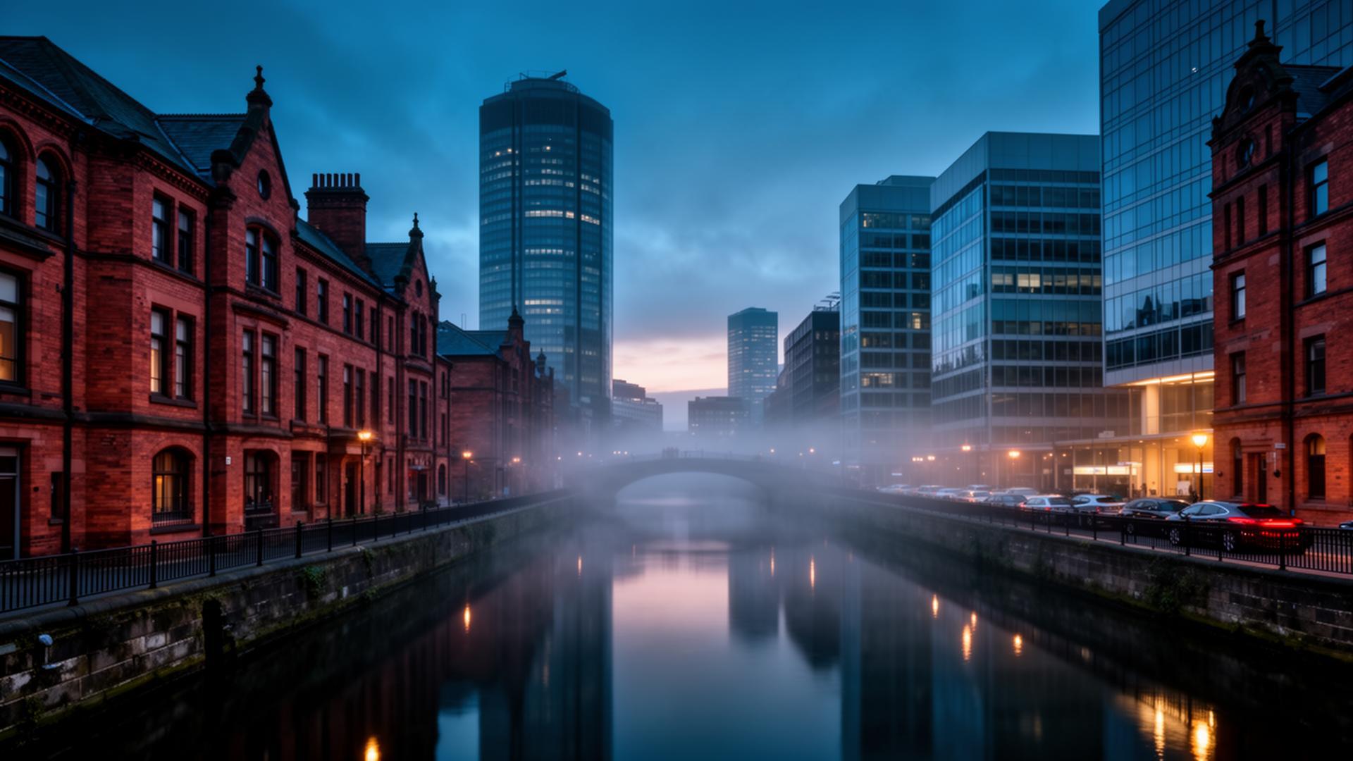 Manchester cityscape at blue hour with canal reflections